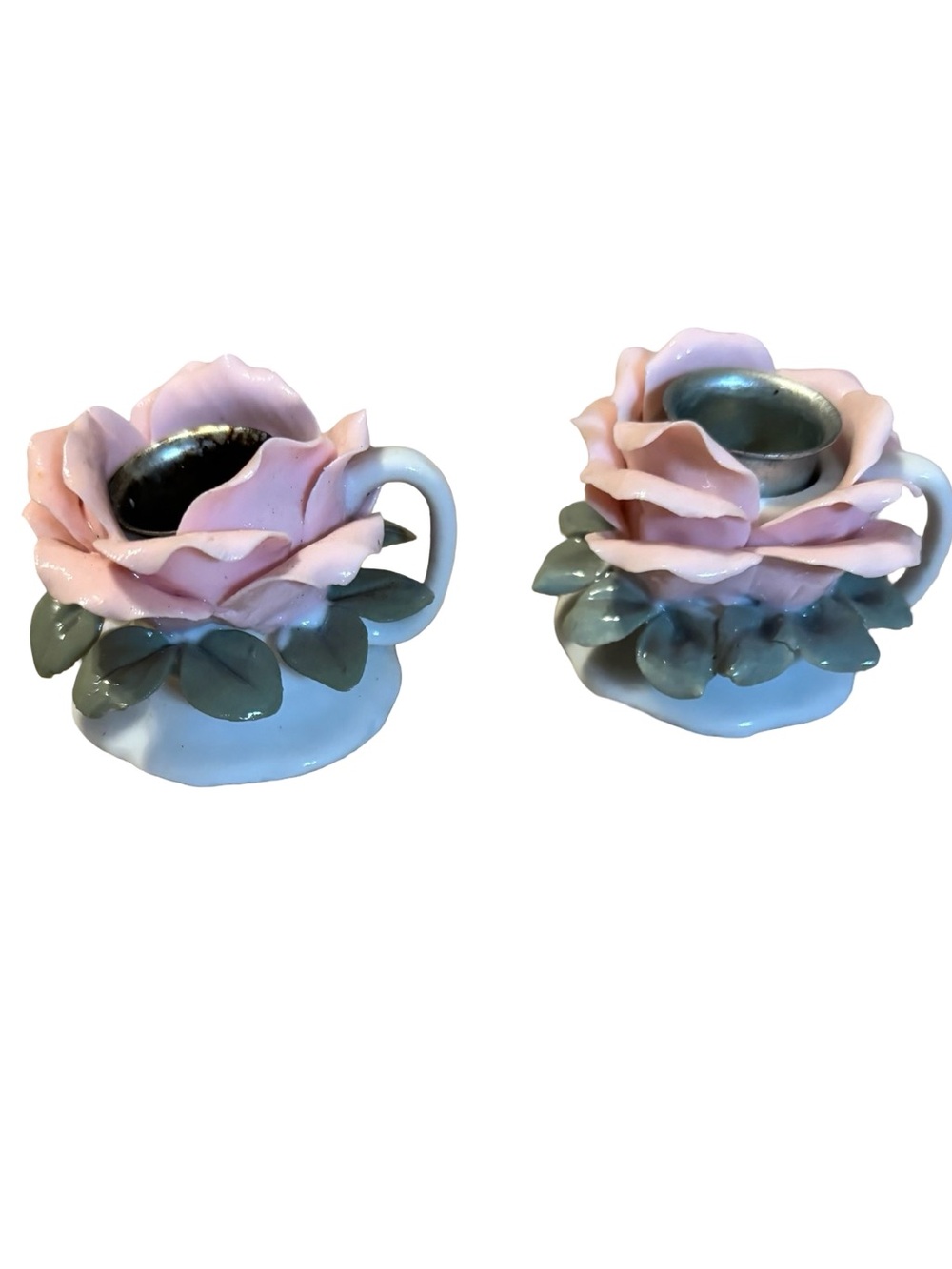 Capodimonte Vintage Pink Rose Porcelain Candle Holder-set of rose candle holders